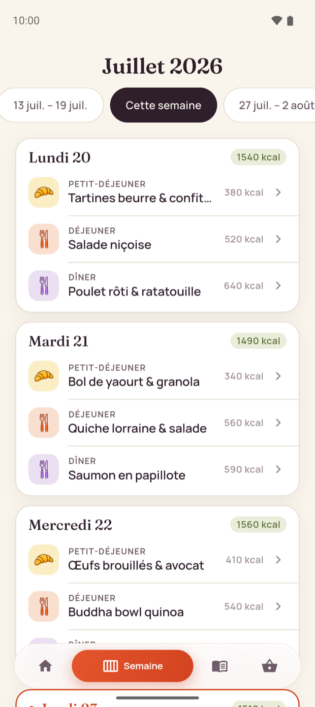 Écran de planning de Menu Semaine&nbsp;: la semaine avec petit-déjeuner, déjeuner et dîner pour chaque jour