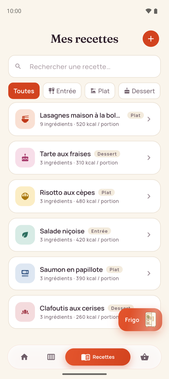 Écran des recettes de Menu Semaine