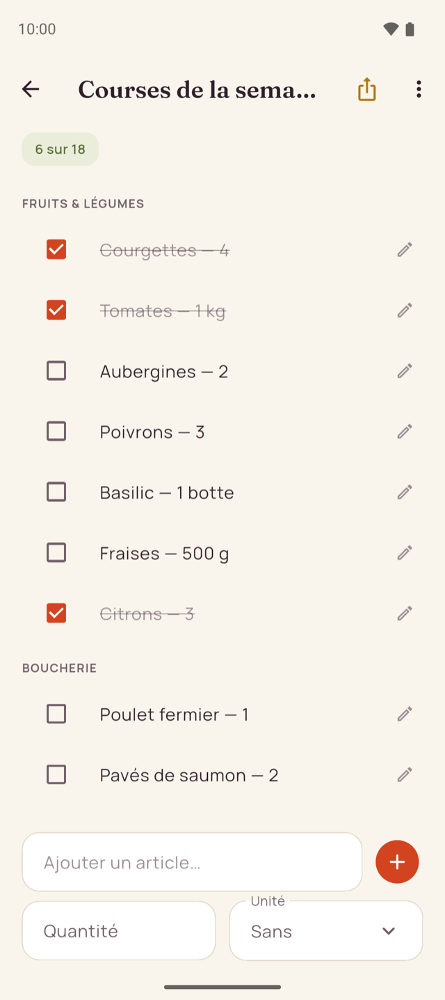 Écran de la liste de courses de Menu Semaine