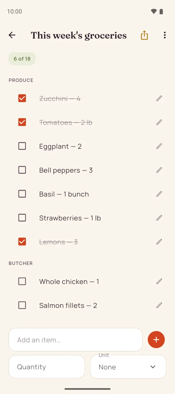 Menu Semaine shopping list screen